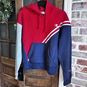 Vintage 80's Champion Reverse Weave Hoodie Size M Red Navy‎ Gray Spelled Out NWT
